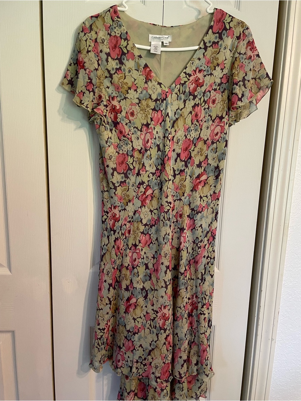 Coldwater Creek Sage Floral Midi Dress with Pink Blooms